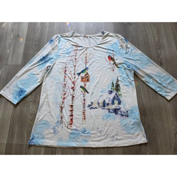 Cactus Winter Bird Print Long Sleeve Top XL - Picture 6 of 9